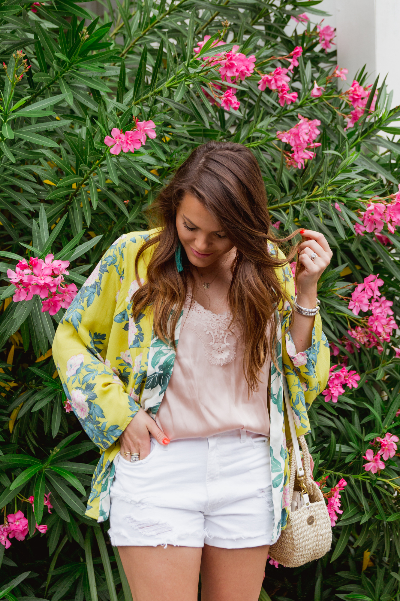 Yellow Kimono / White Denim Shorts