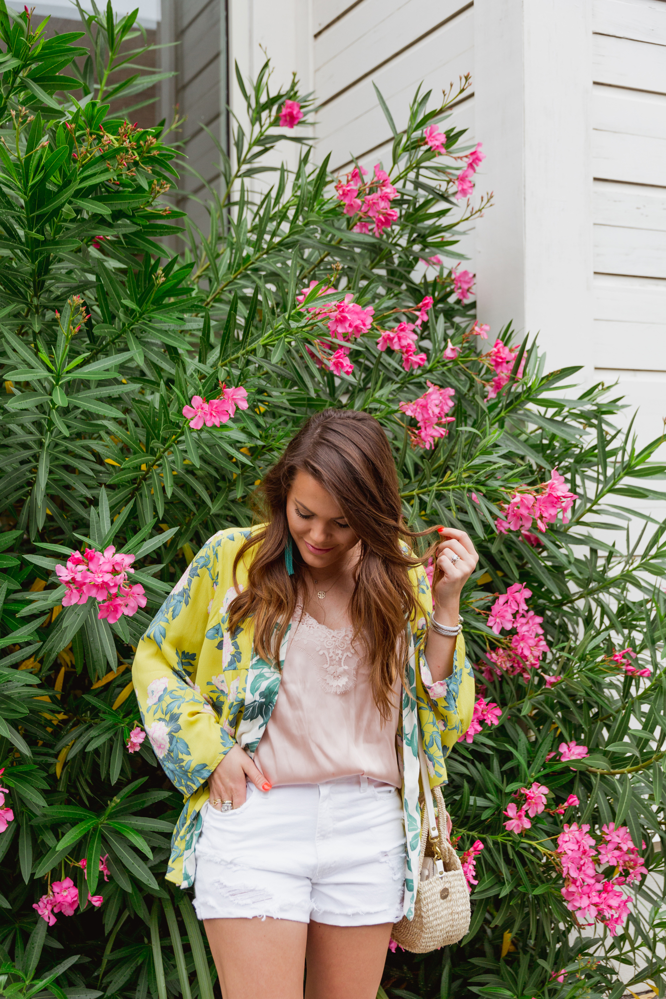 Yellow Kimono / White Denim Shorts