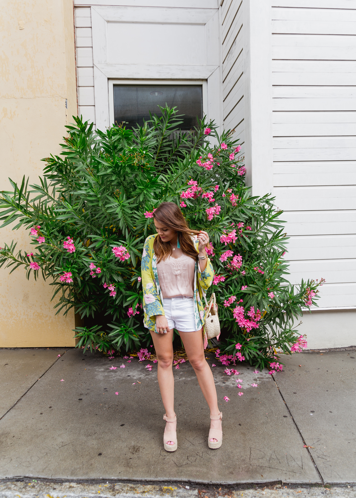 Yellow Kimono / White Denim Shorts