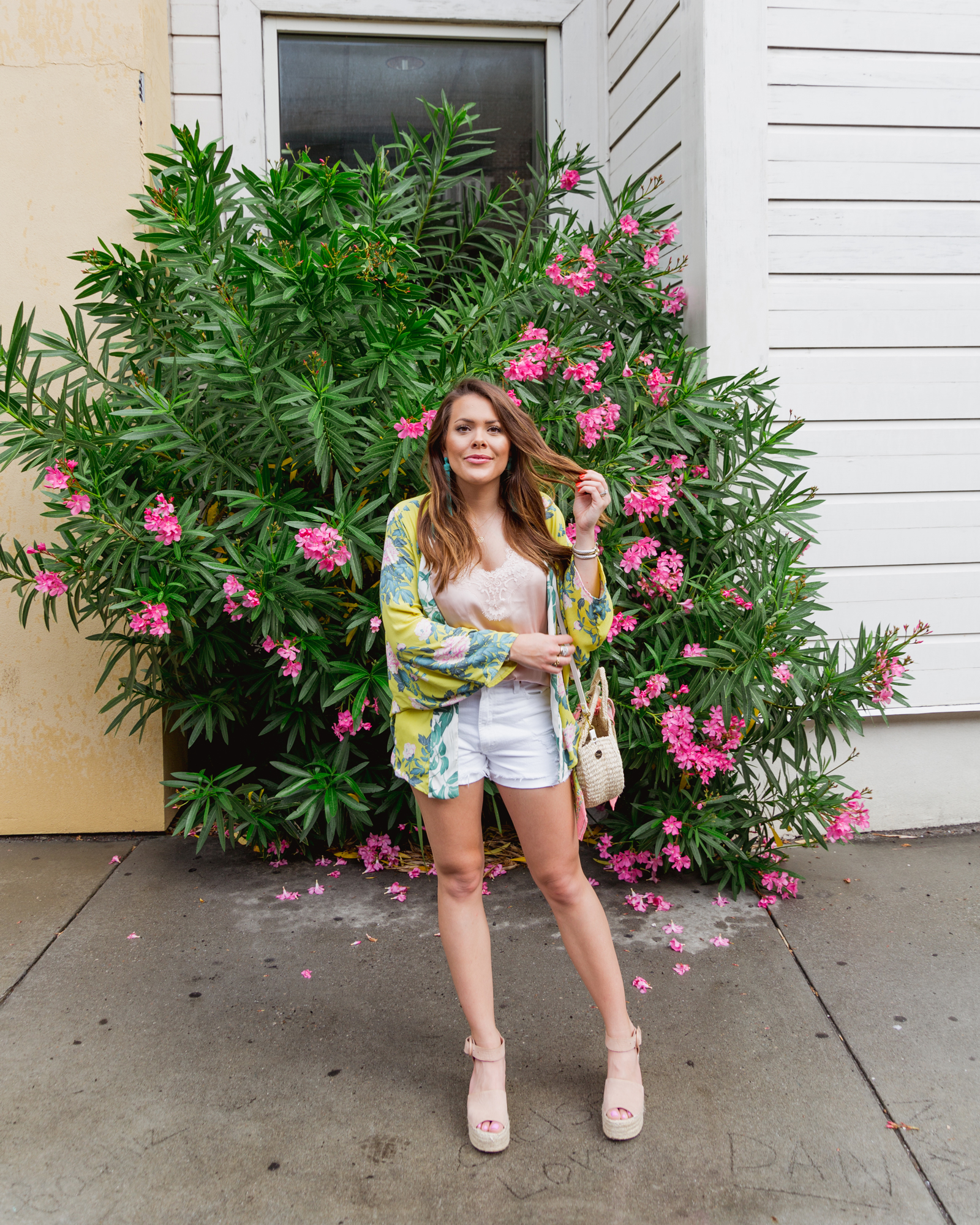 Yellow Kimono / White Denim Shorts