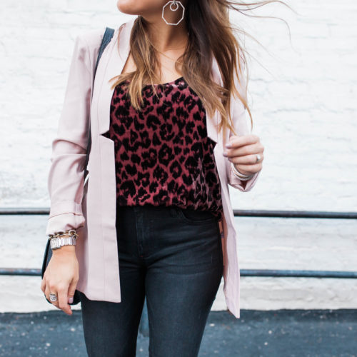 Blush blazer for fall / leopard velvet tank