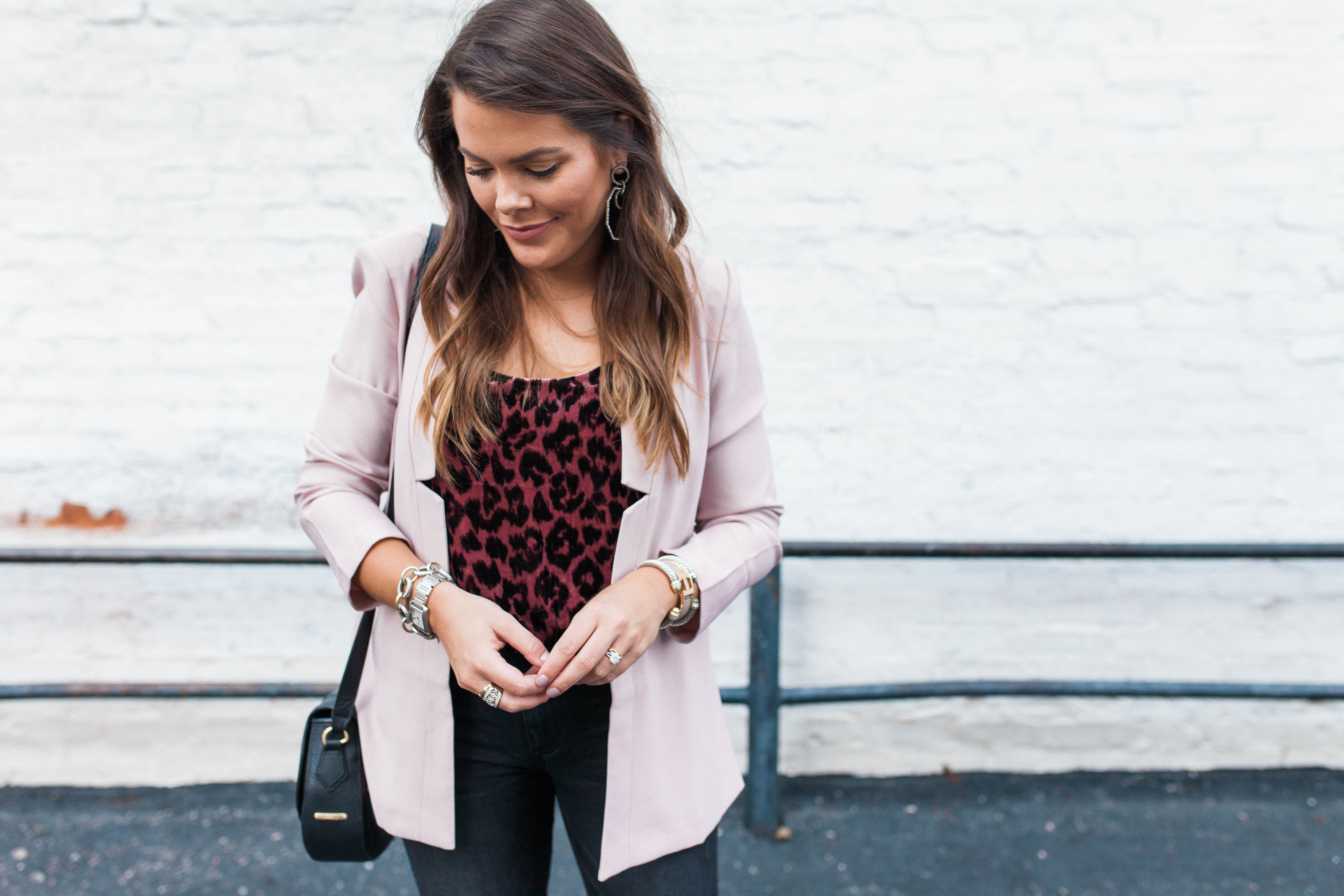 Blush blazer for fall / leopard velvet tank