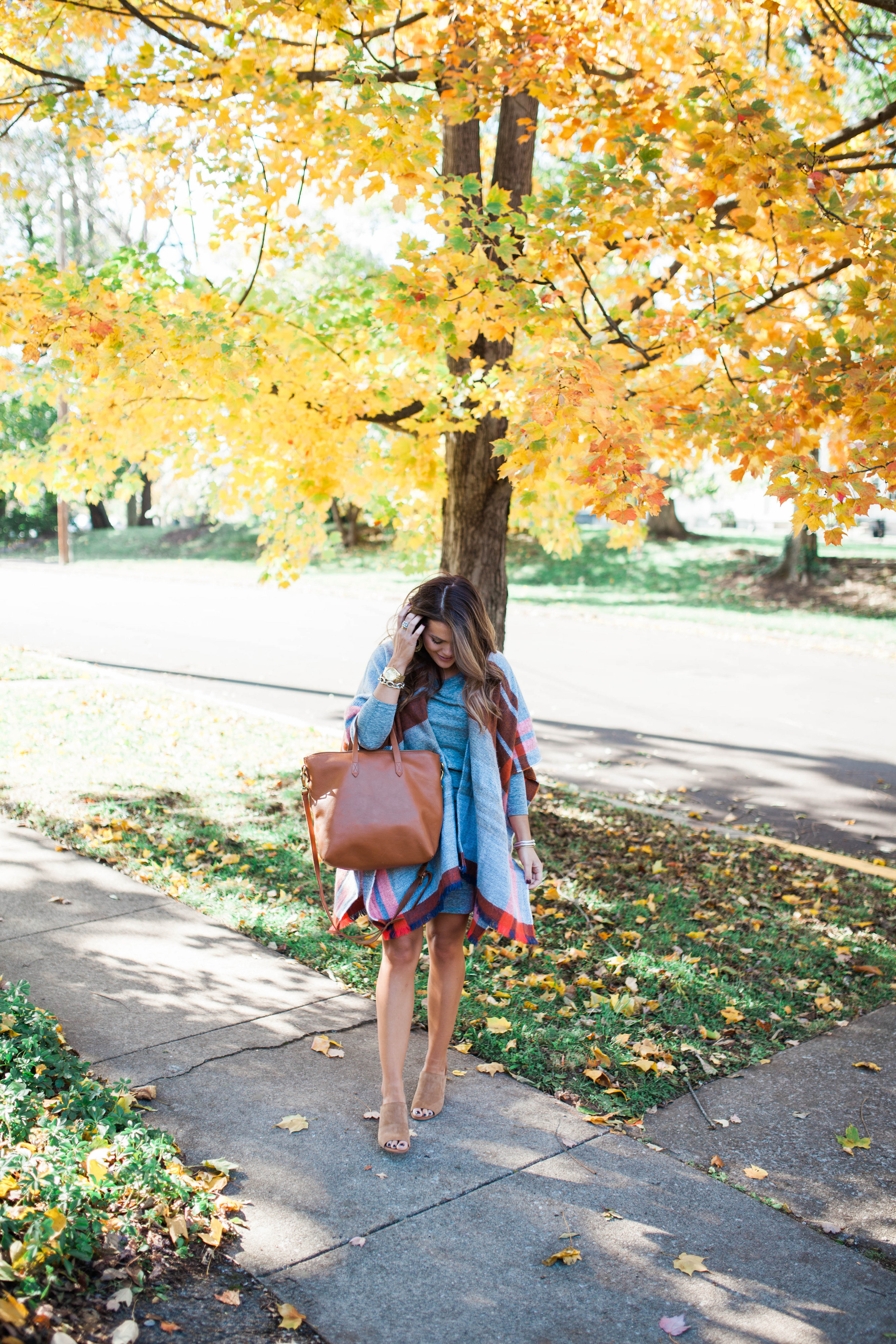 Fall Outfit Idea / Ft. A plaid poncho & casual long sleeve dress