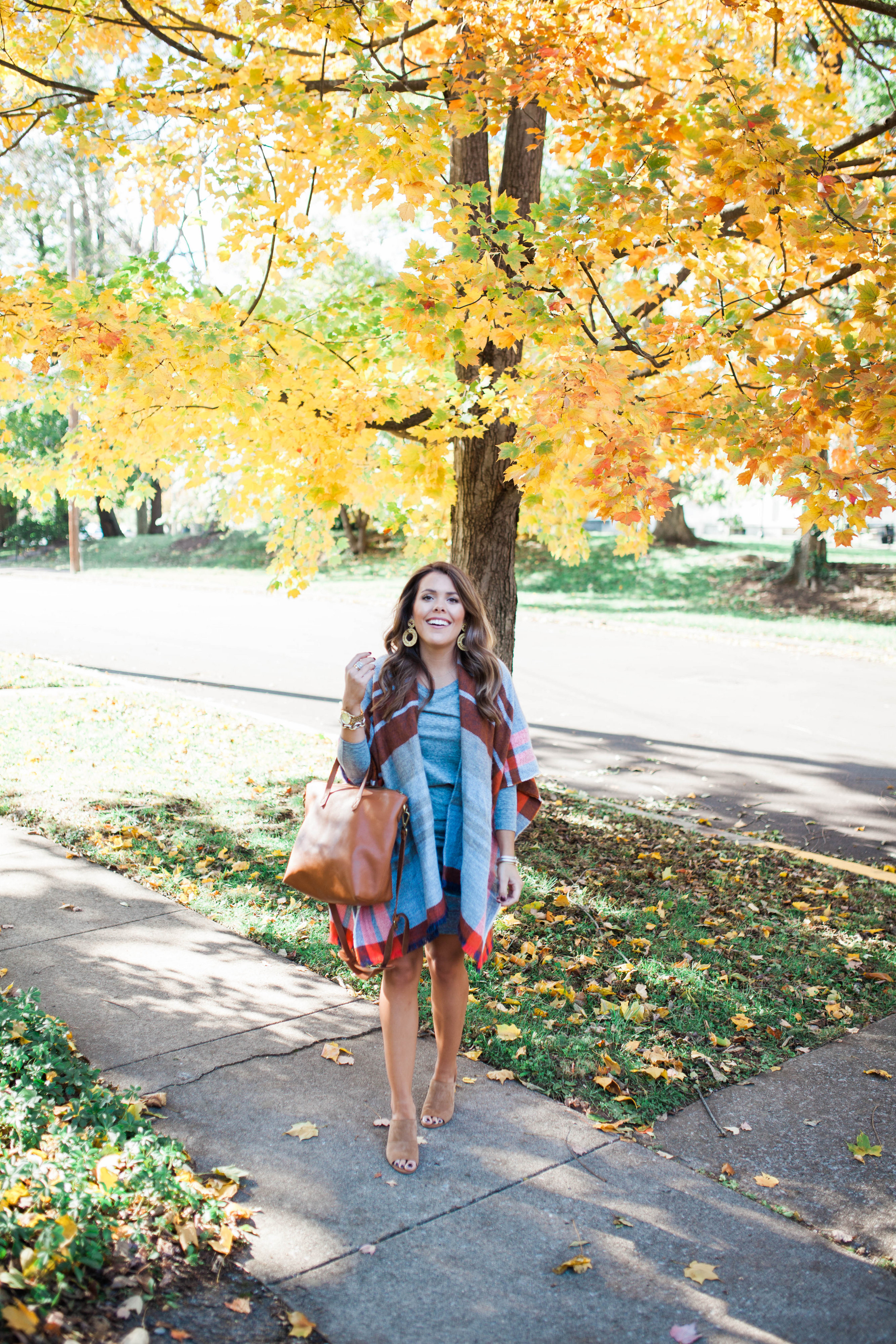 Fall Outfit Idea / Ft. A plaid poncho & casual long sleeve dress