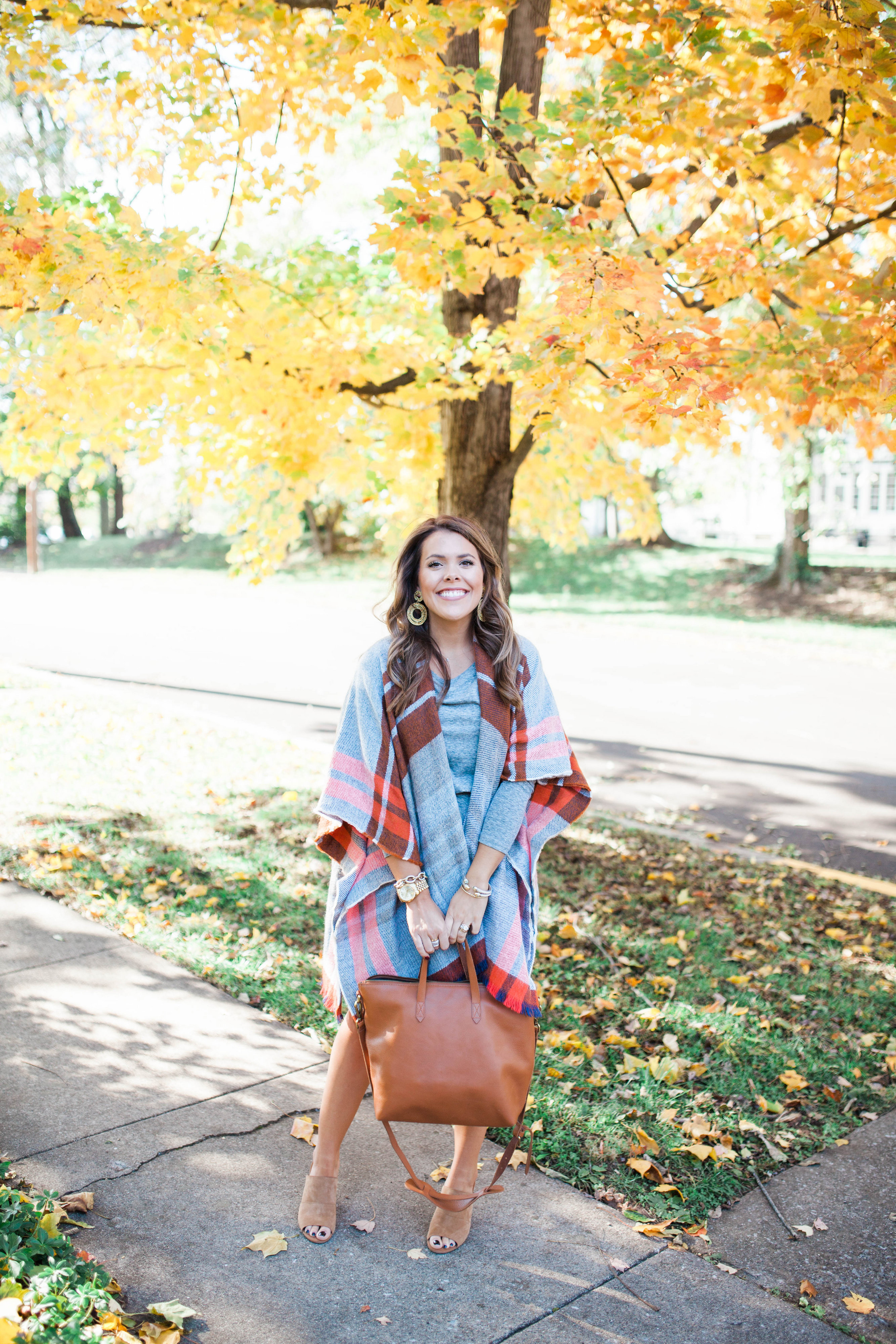 Fall Outfit Idea / Ft. A plaid poncho & casual long sleeve dress