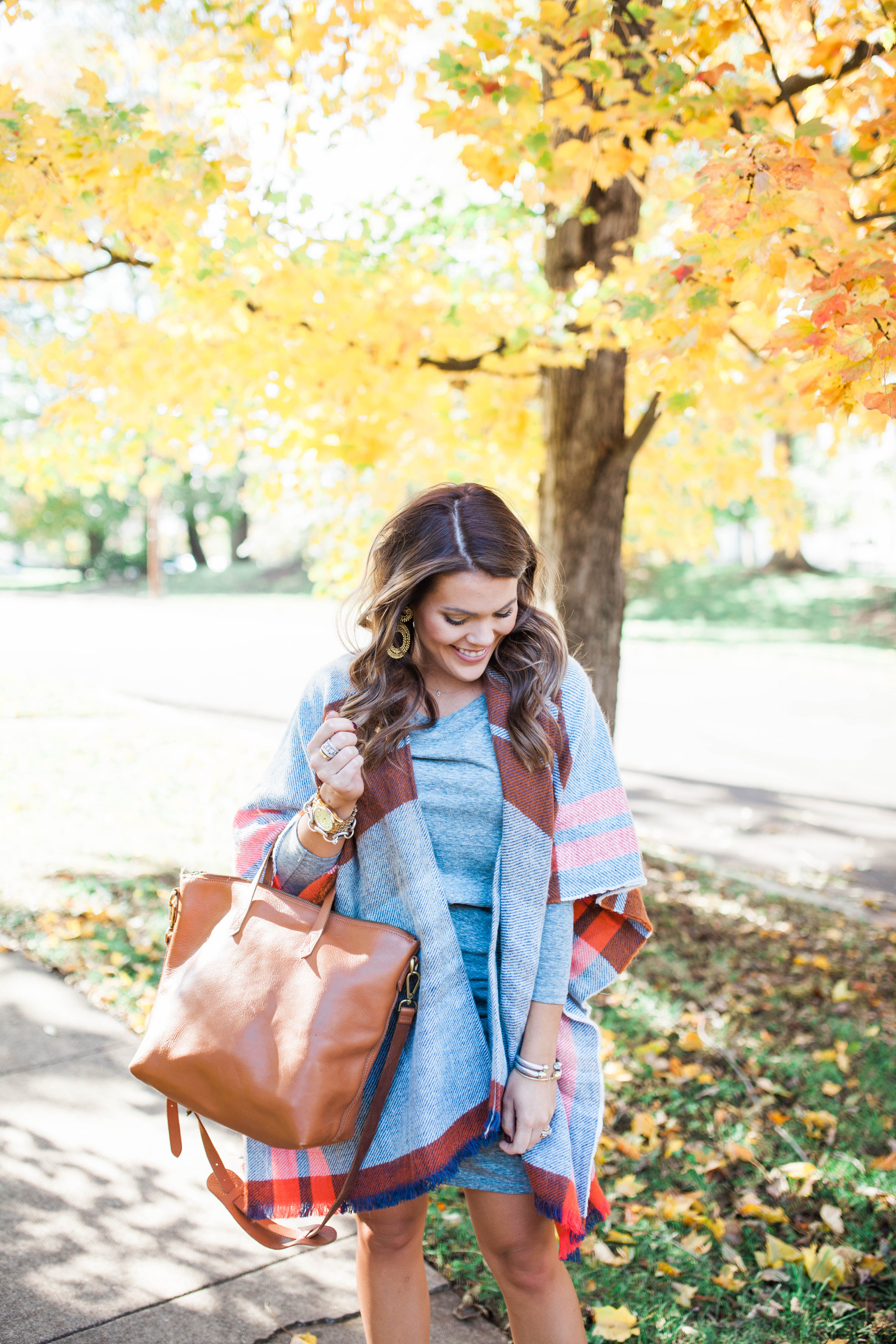 Fall Outfit Idea / Ft. A plaid poncho & casual long sleeve dress