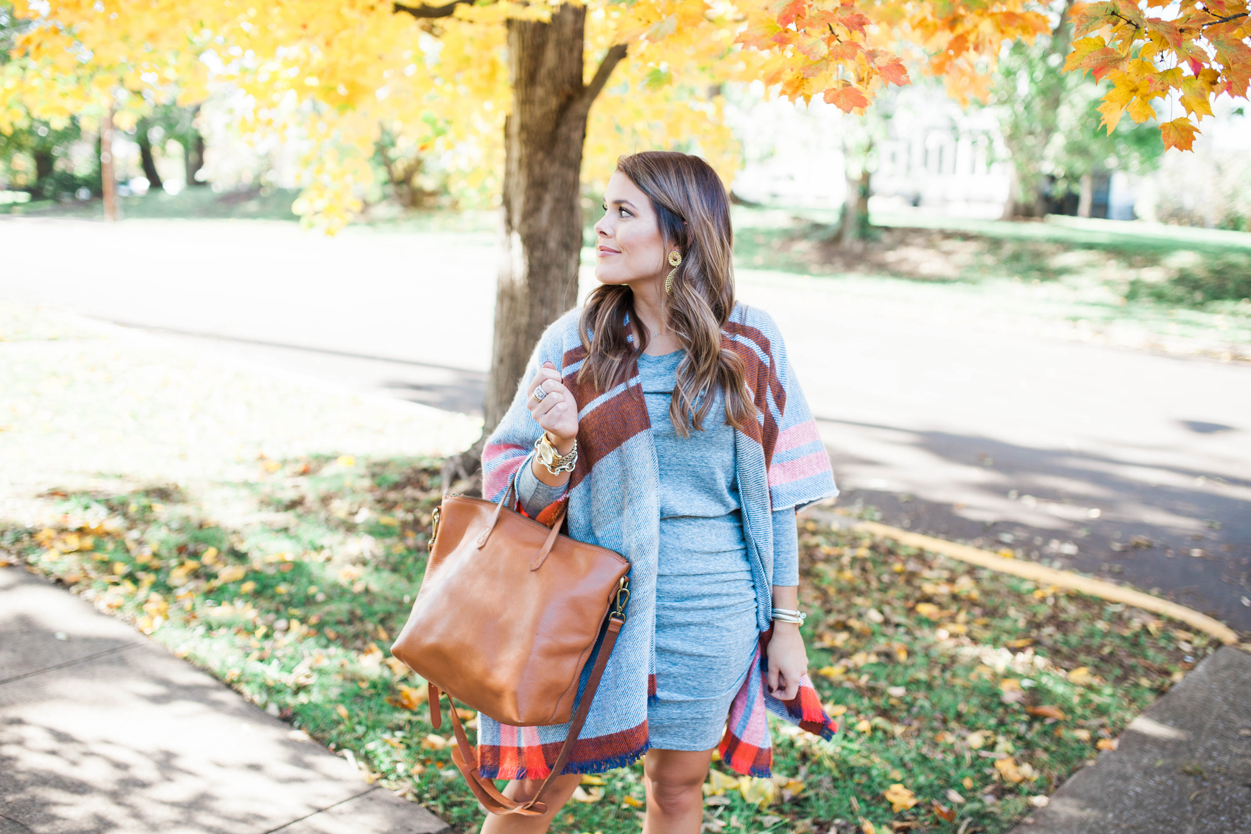 Fall Outfit Idea / Ft. A plaid poncho & casual long sleeve dress