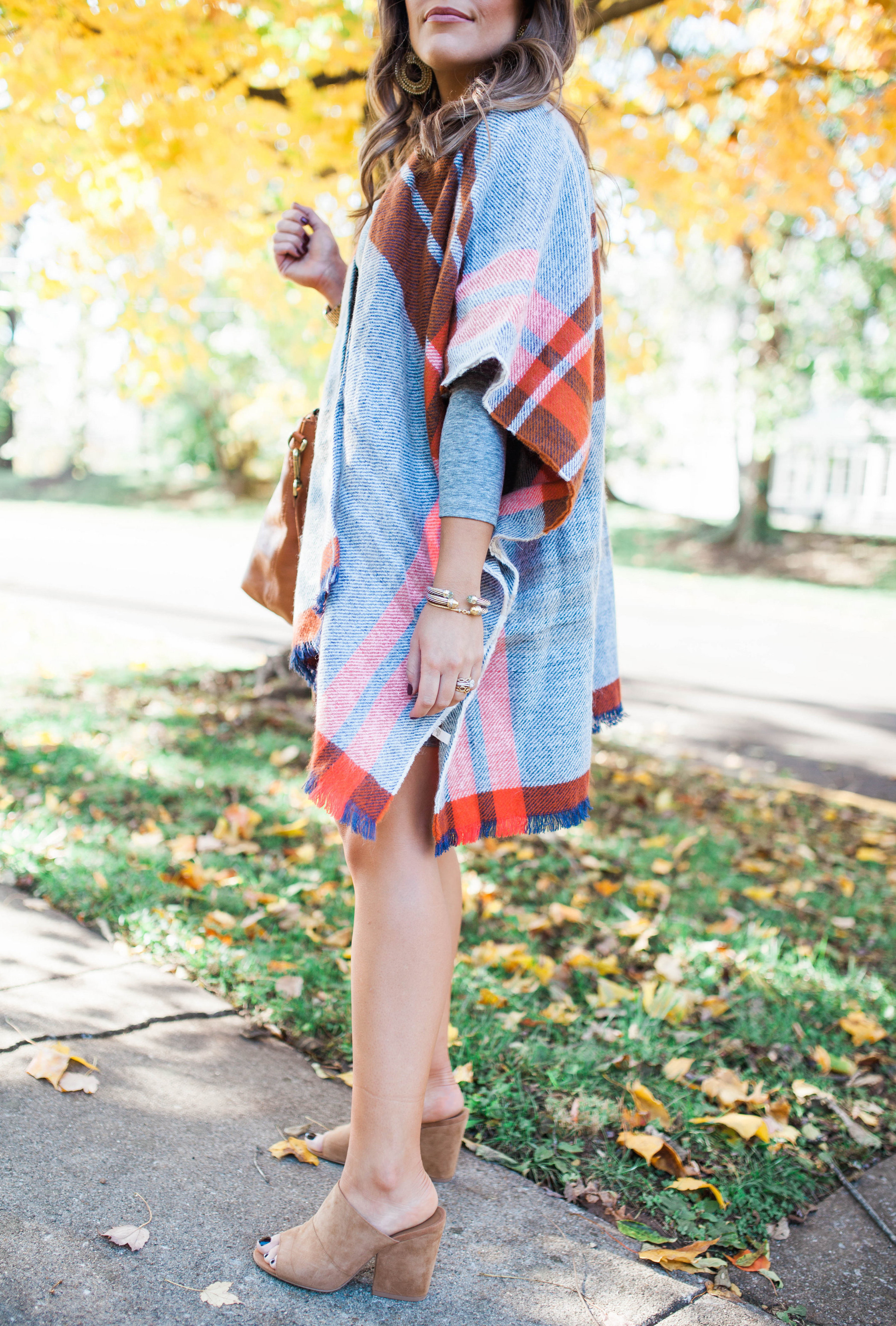 Fall Outfit Idea / Ft. A plaid poncho & casual long sleeve dress