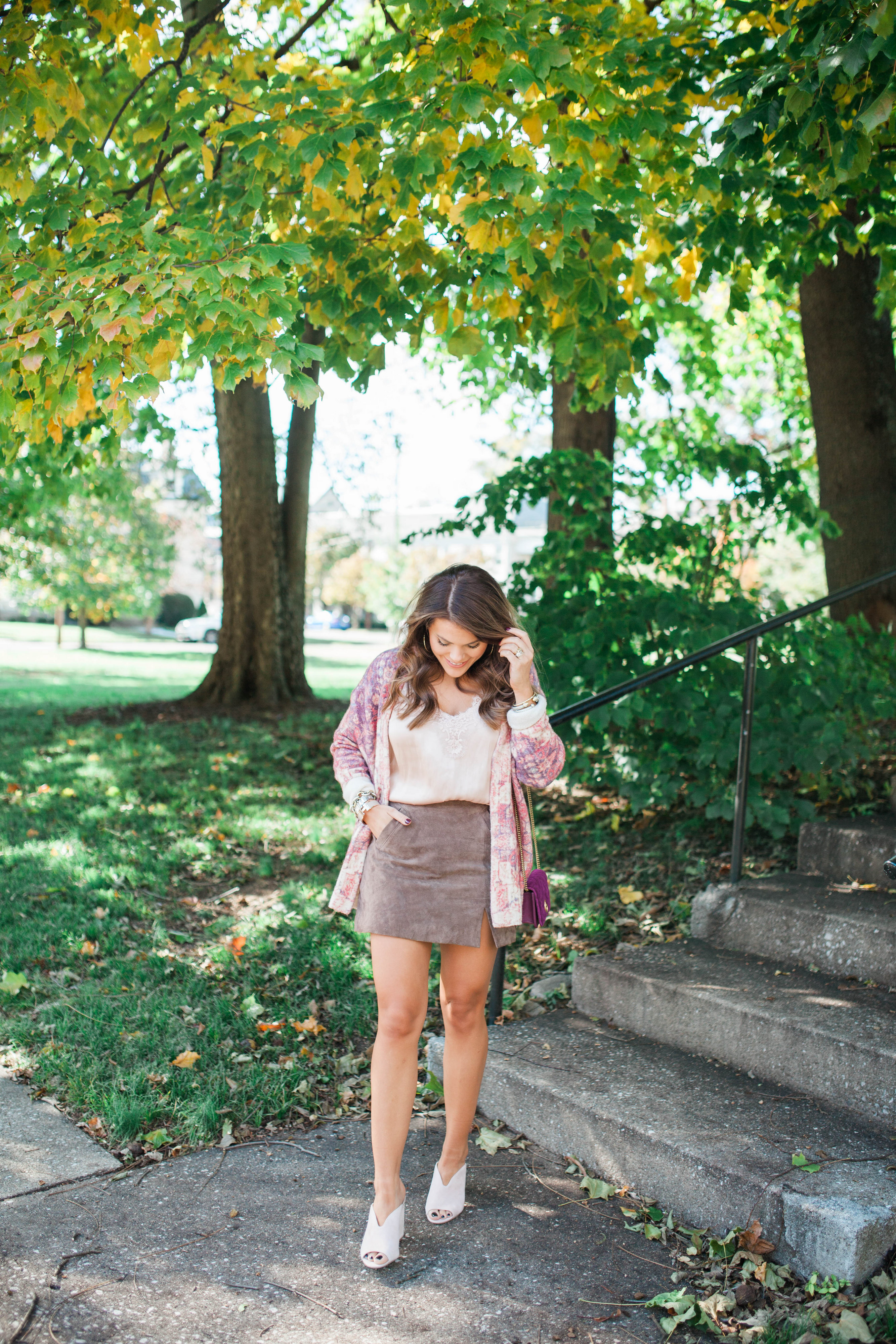 Printed Cardigan / Suede Skirt for fall