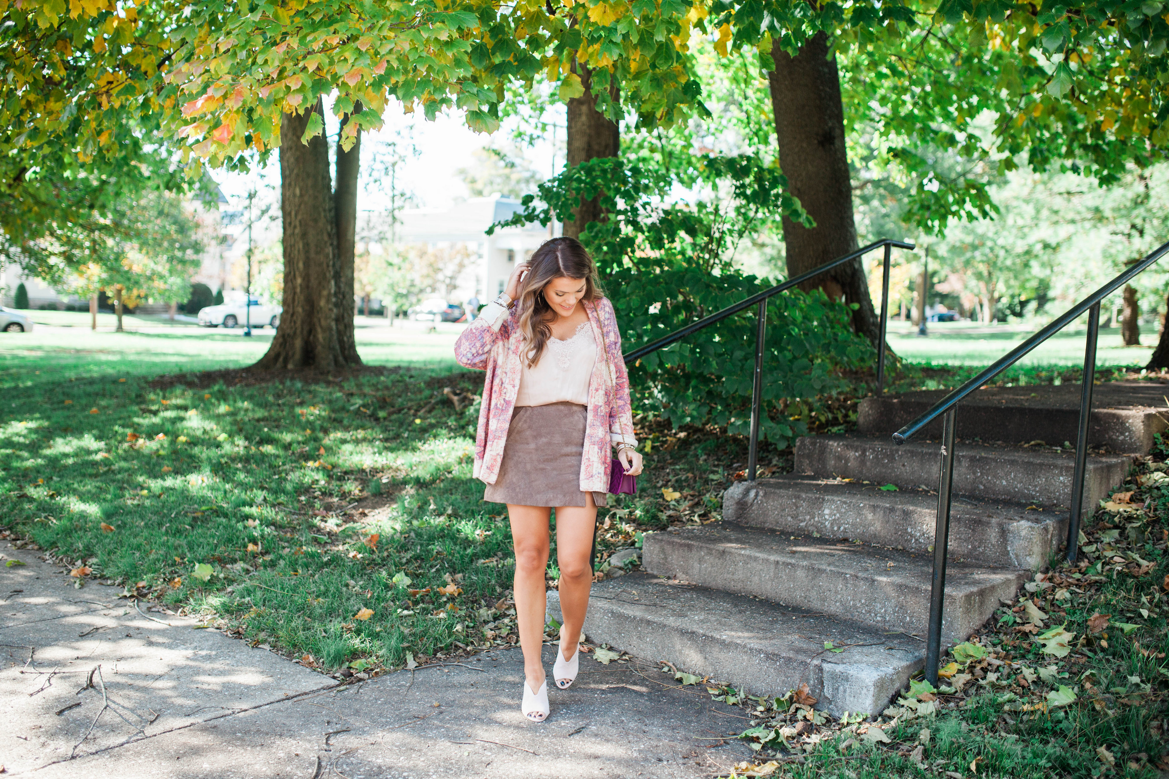 Printed Cardigan / Suede Skirt for fall