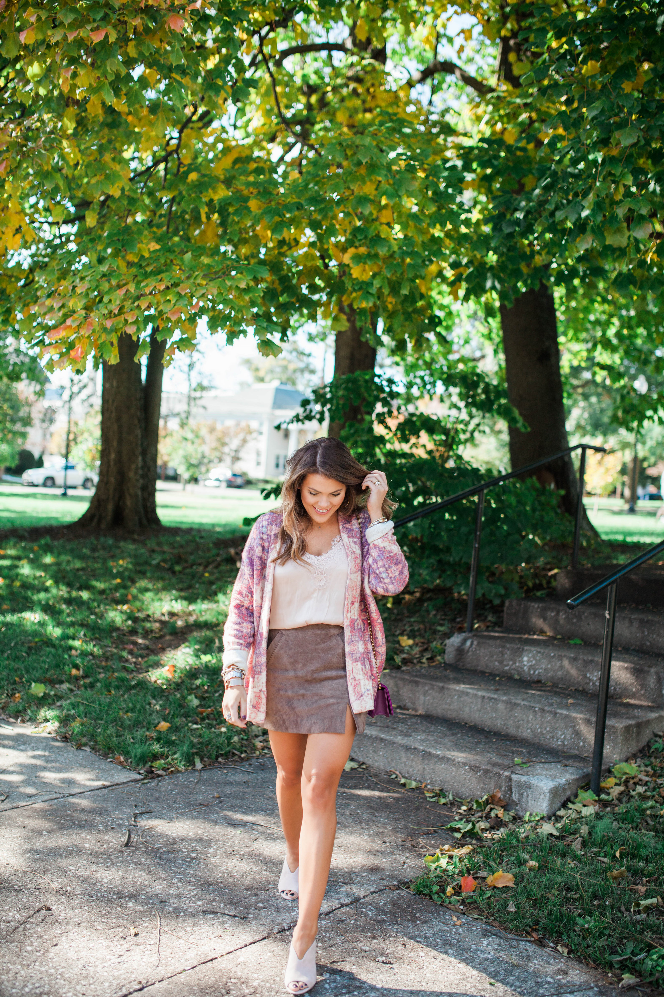 Printed Cardigan / Suede Skirt for fall
