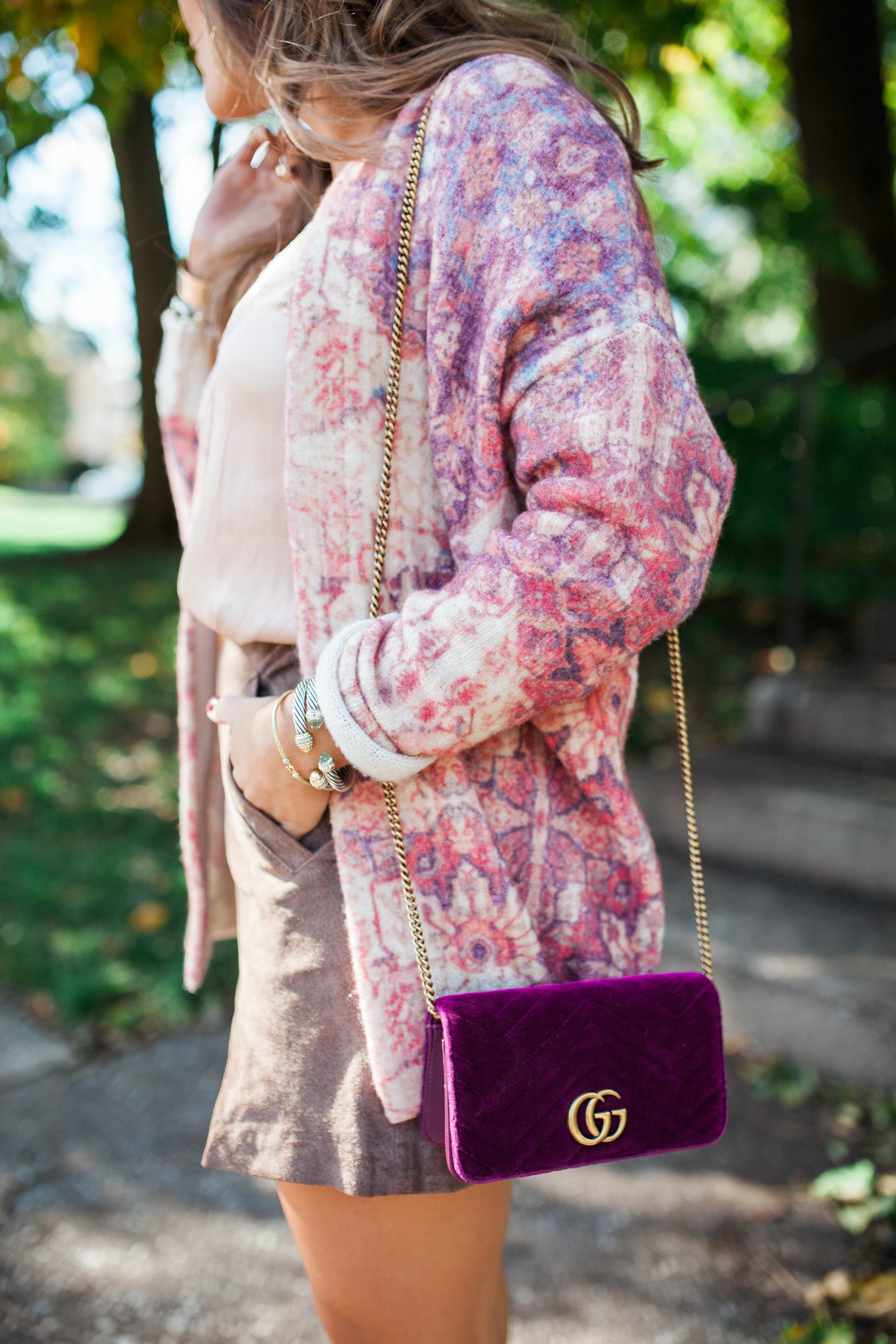 Printed Cardigan / Suede Skirt for fall