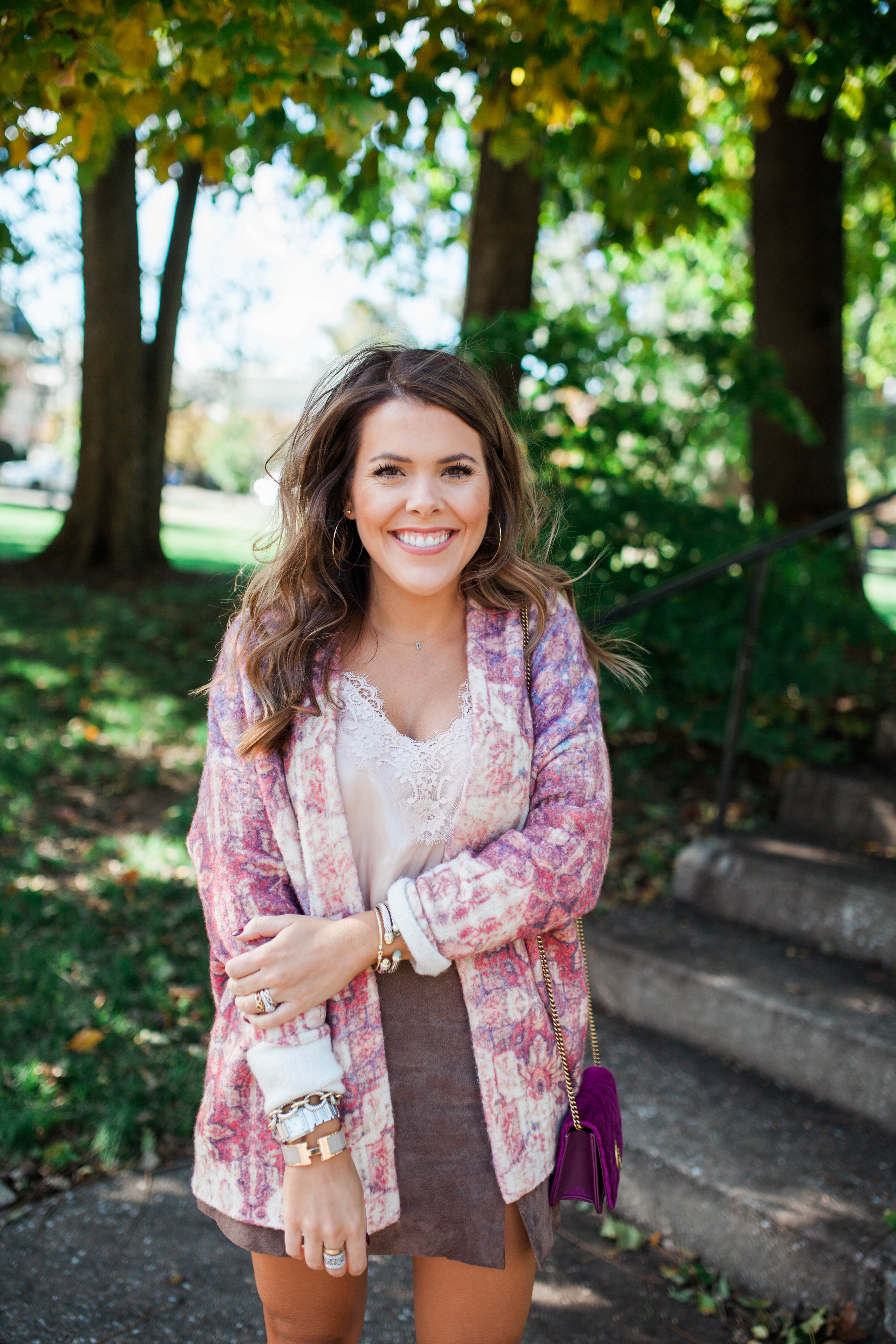 Printed Cardigan / Suede Skirt for fall