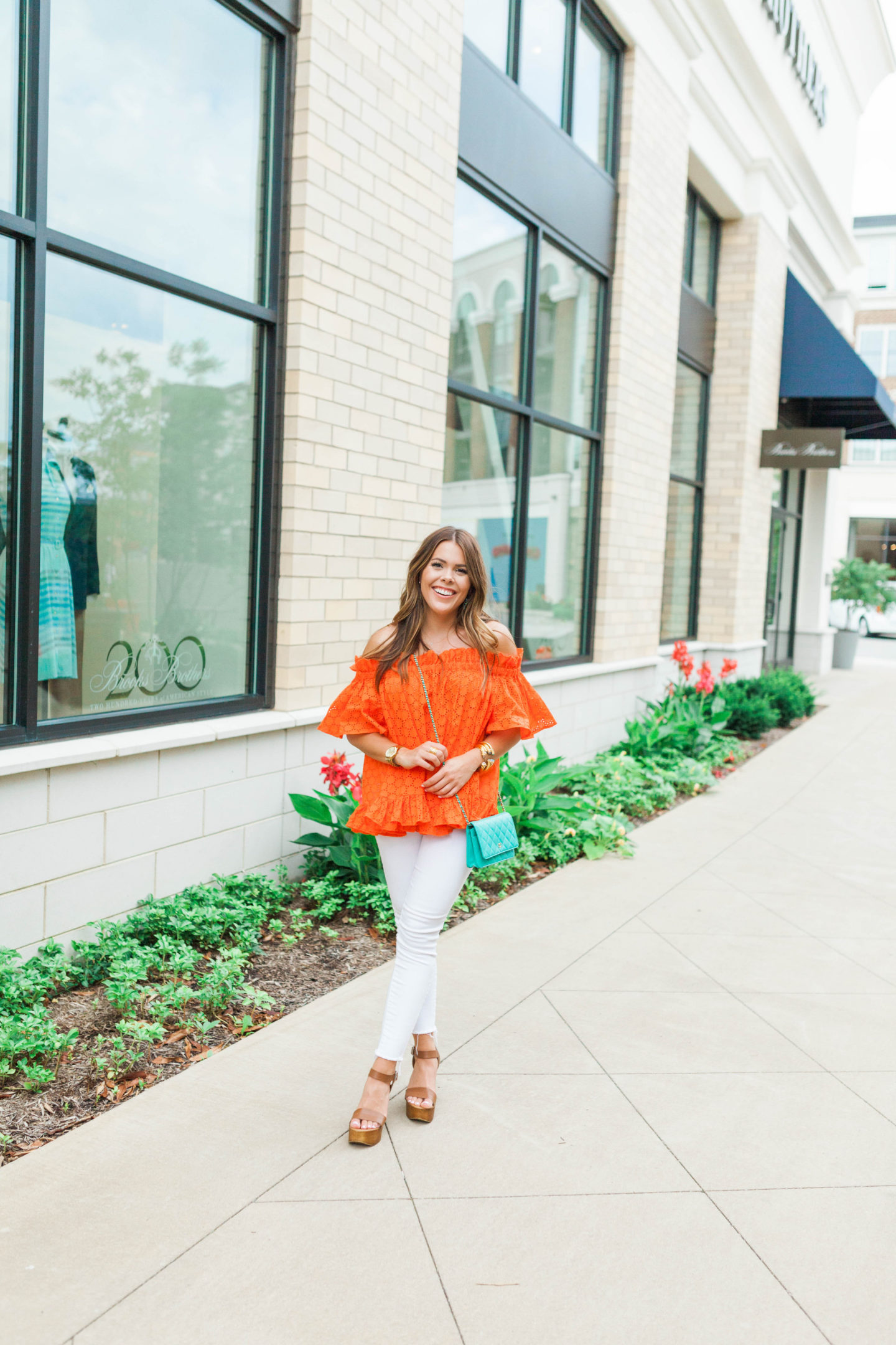 Orange Eyelet off the shoulder top