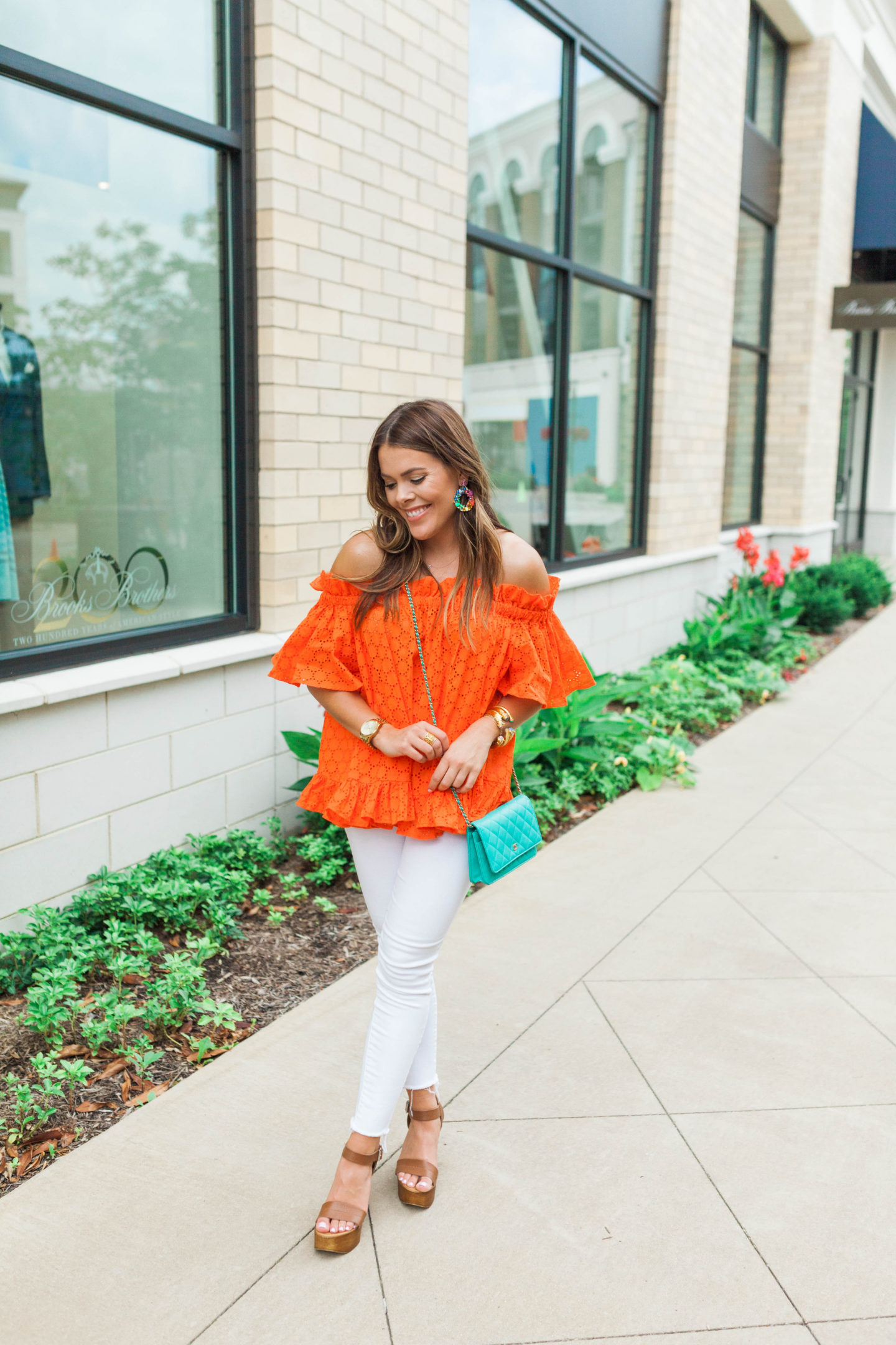 Orange Eyelet off the shoulder top