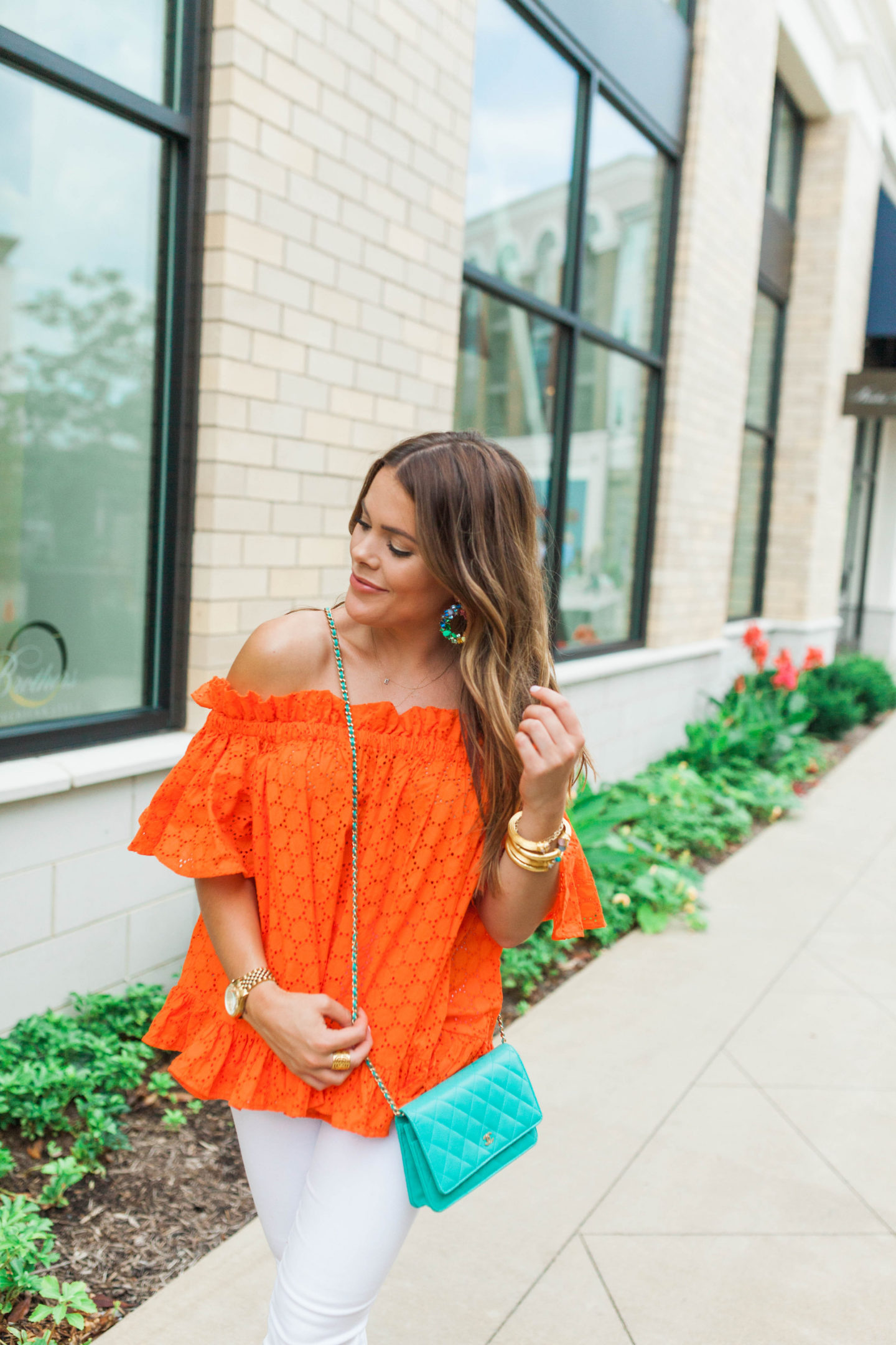 Orange Eyelet off the shoulder top