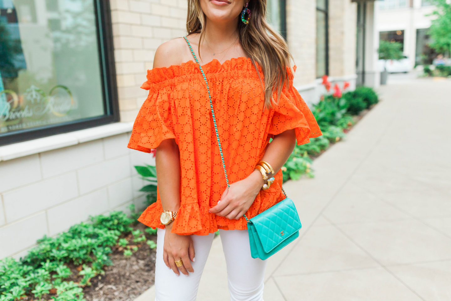 Orange Eyelet off the shoulder top