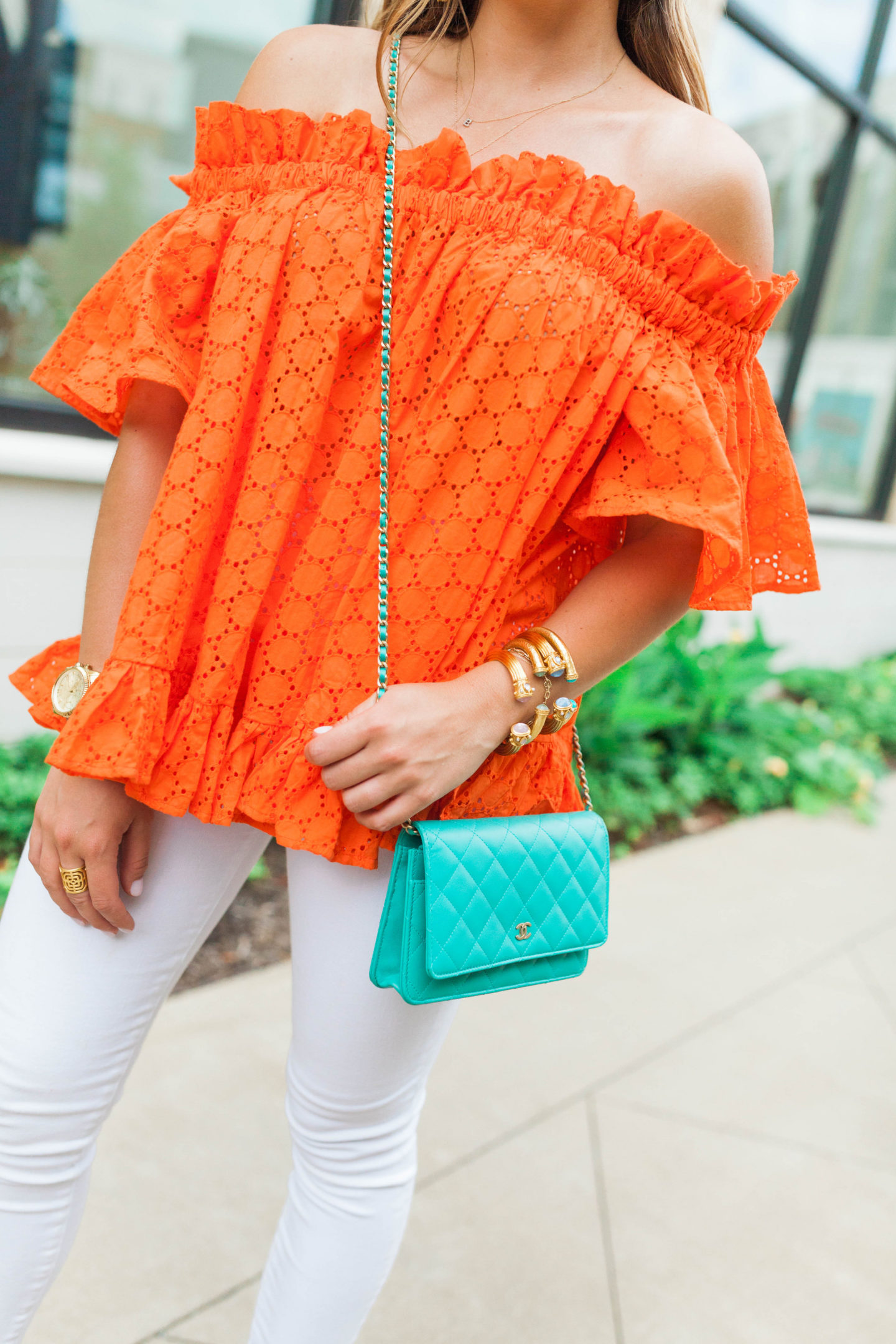 Orange Eyelet off the shoulder top