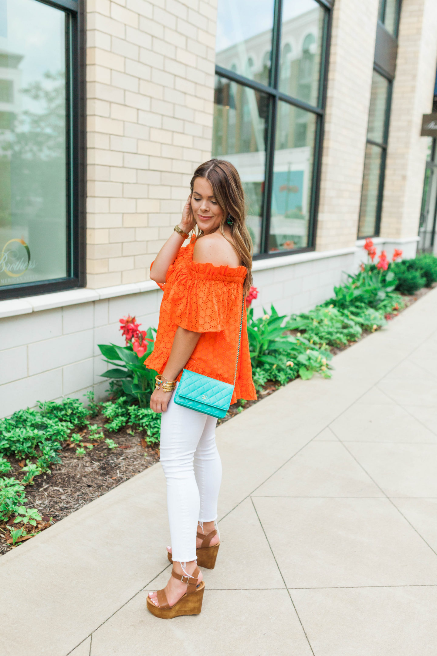 Orange Eyelet off the shoulder top